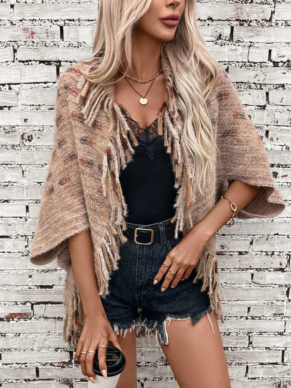 Fringe Open Front Half Sleeve Poncho - Trendsi - Flyclothing LLC