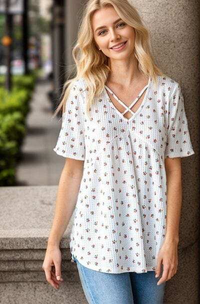 Heimish Full Size Crisscross Ditsy Floral Babydoll Top Plus Size - Trendsi - Flyclothing LLC