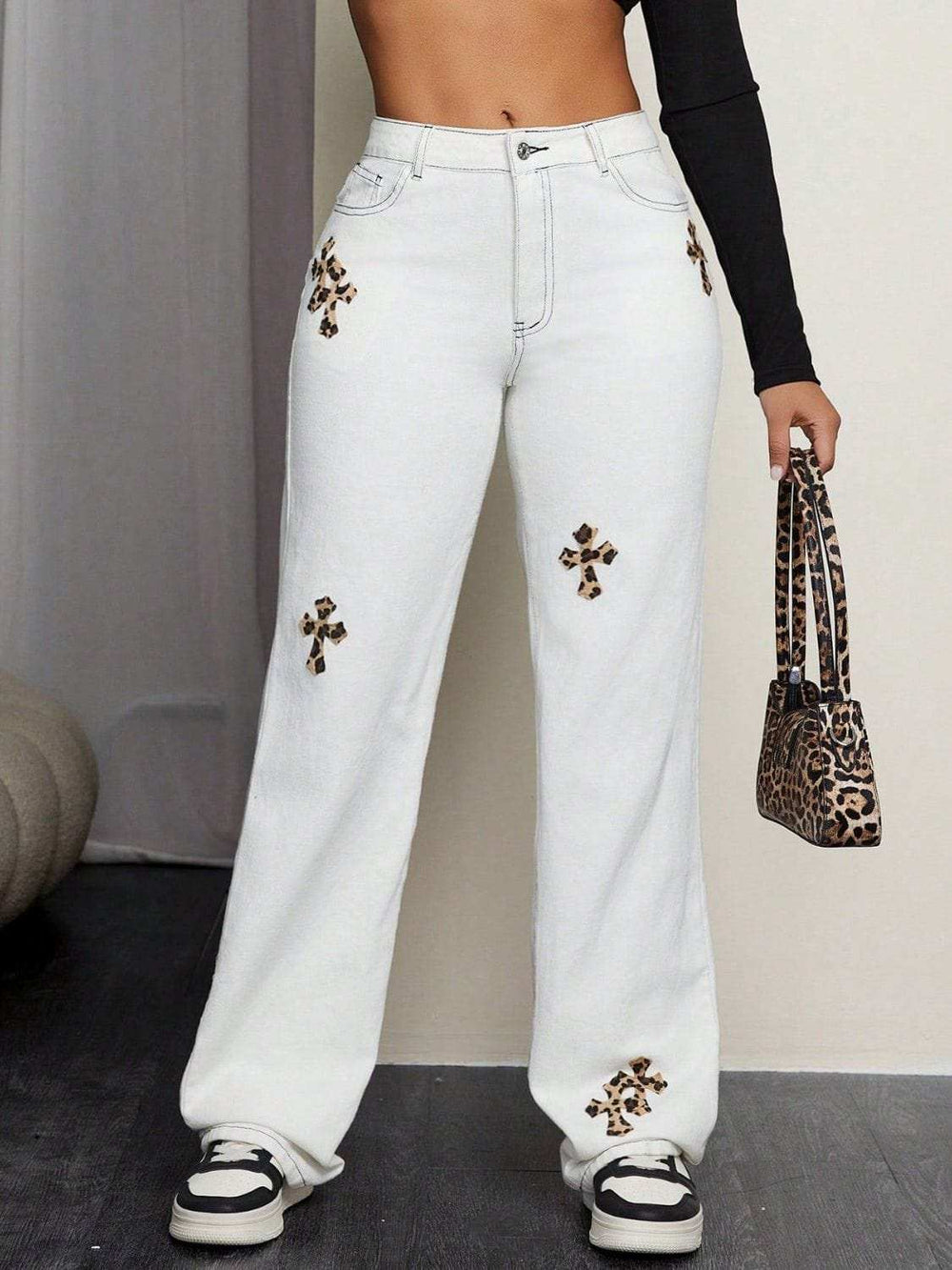 Leopard Cross Detail Straight Leg Jeans - Trendsi - Flyclothing LLC