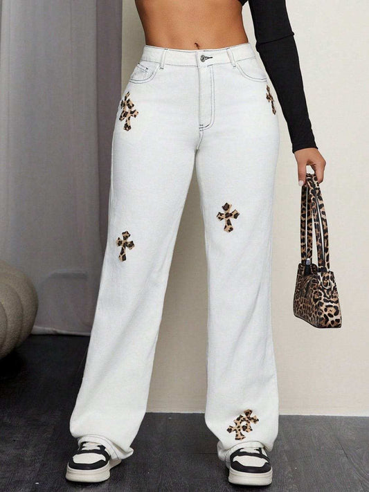 Leopard Cross Detail Straight Leg Jeans - Trendsi - Flyclothing LLC