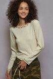 POL Round Neck Long Sleeve Contrast Stitching T-Shirt with Stud Detail - Trendsi - Flyclothing LLC