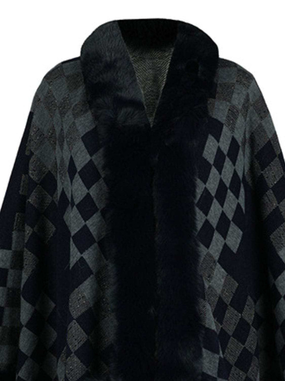 Fuzzy Checkered Long Sleeve Poncho - Trendsi - Flyclothing LLC