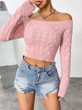 Cable-Knit Off-Shoulder Long Sleeve Knit Top - Trendsi - Flyclothing LLC