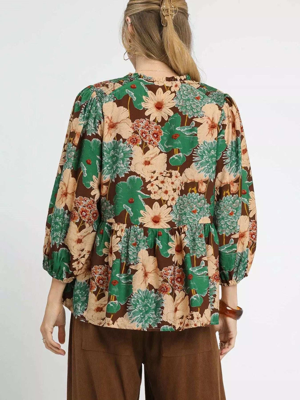 Umgee Mix Floral Peplum Blouse with Tie Neck - Trendsi - Flyclothing LLC