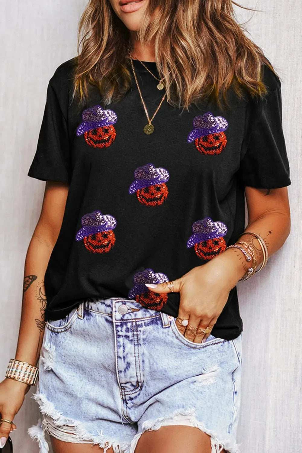 Sequin Pumpkin Round Neck Short Sleeve T-Shirt - Trendsi - Flyclothing LLC