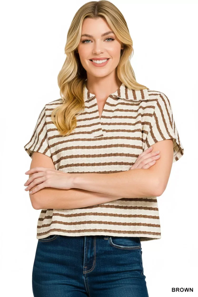 Zenana Striped Split Neck Collared Top - Trendsi - Flyclothing LLC