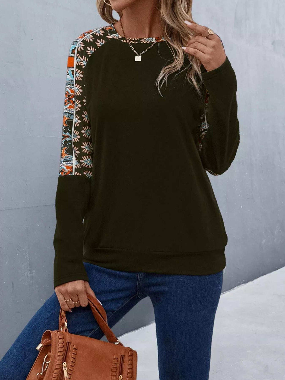 Printed Raglan Sleeve Round Neck T-Shirt - Trendsi - Flyclothing LLC