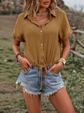 Drawstring Button Up Short Sleeve Blouse - Trendsi - Flyclothing LLC