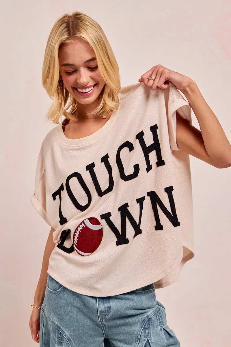 BiBi Game Day Touchdown Letter Patches Waffle Short Top - Trendsi - Flyclothing LLC