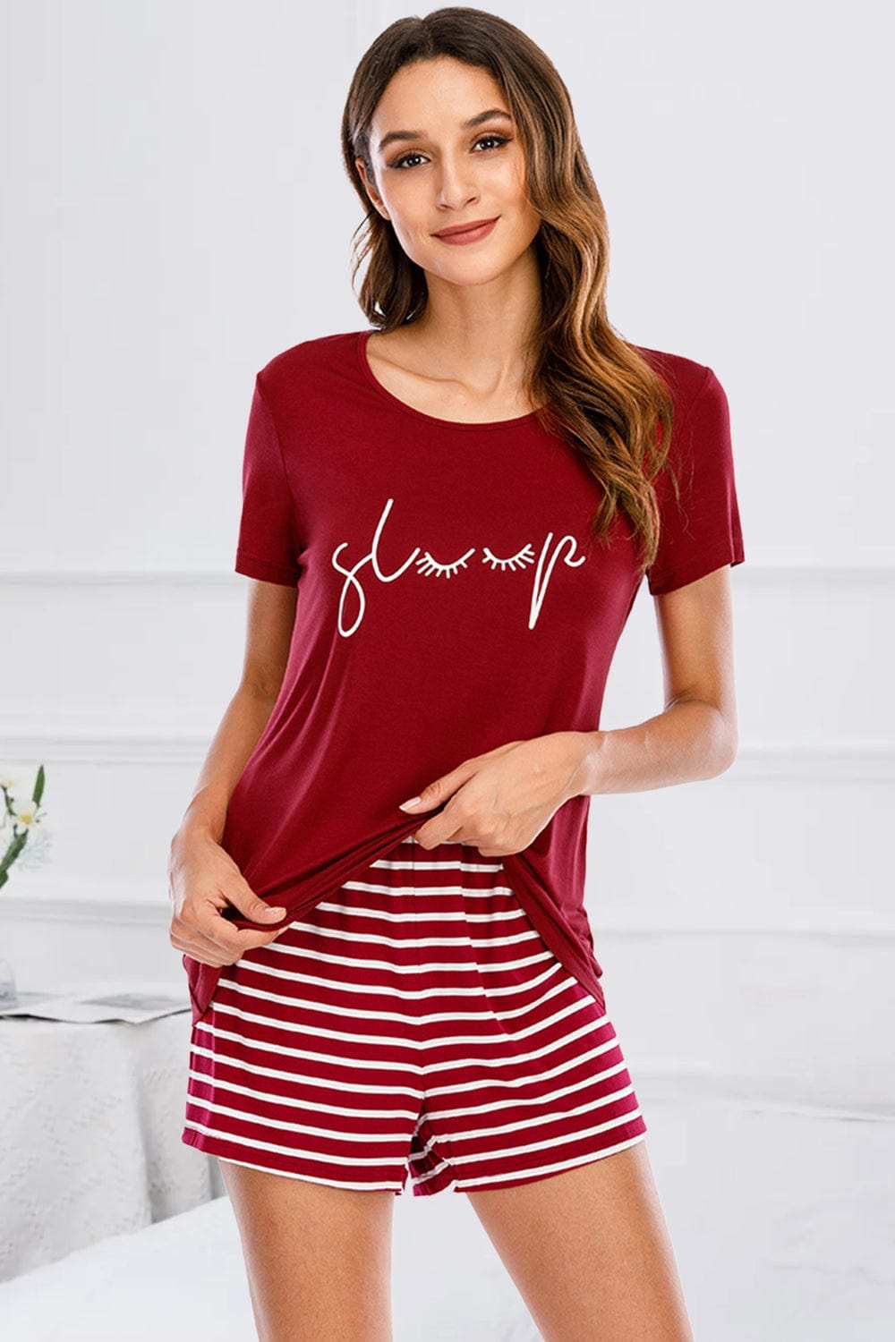 Graphic Round Neck Top and Striped Shorts Lounge Set - Trendsi - Flyclothing LLC
