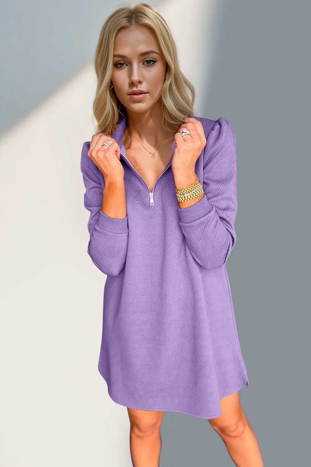 Double Take Textured Quarter Zip Long Sleeve Dress - Trendsi - Flyclothing LLC