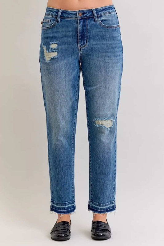 Judy Blue Full Size Mid Rise Bf Patch & Repair Destroy Release Hem Jeans Plus Size - Trendsi - Flyclothing LLC