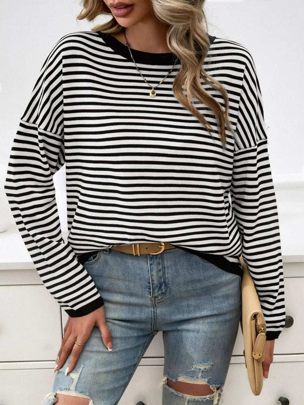 Striped Round Neck Dropped Shoulder Sweater - Trendsi - Flyclothing LLC