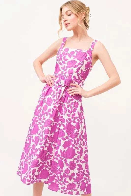And The Why Square Neck Belted Floral Printed Midi Dress - Trendsi - Flyclothing LLC