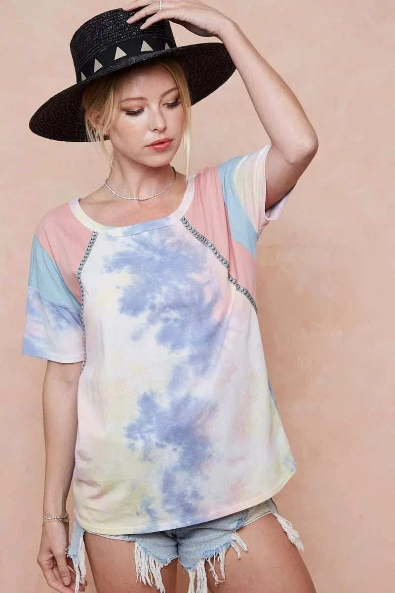 BiBi Tie Dye Printed Cotton Color Block T-Shirt - Trendsi - Flyclothing LLC