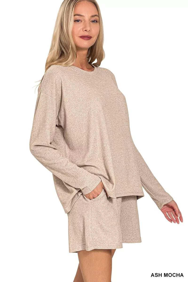 Zenana Soft Melange Long Sleeve Tee and Shorts Set - Trendsi - Flyclothing LLC