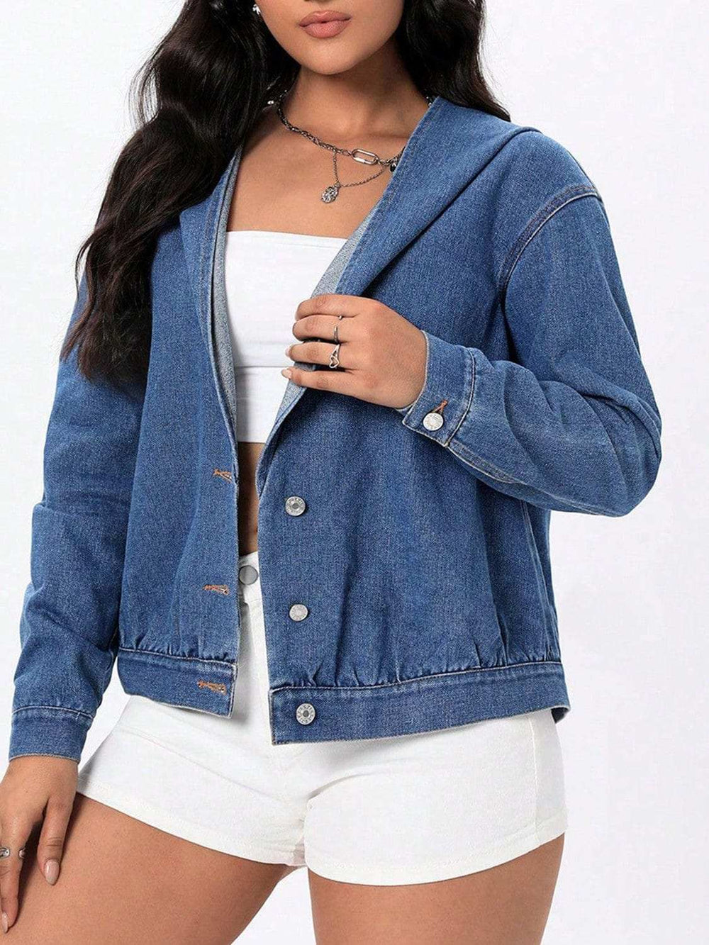 Button Up Hooded Denim Top - Trendsi - Flyclothing LLC