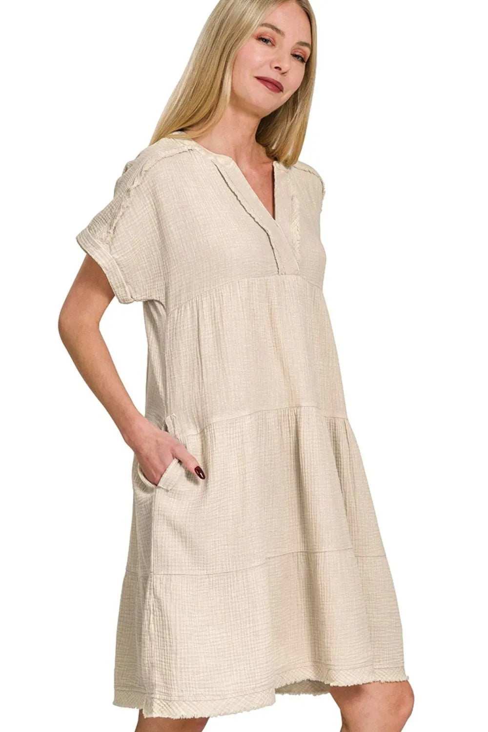 Zenana Washed Double Gauze Raw Edge V-neck Dress - Trendsi - Flyclothing LLC