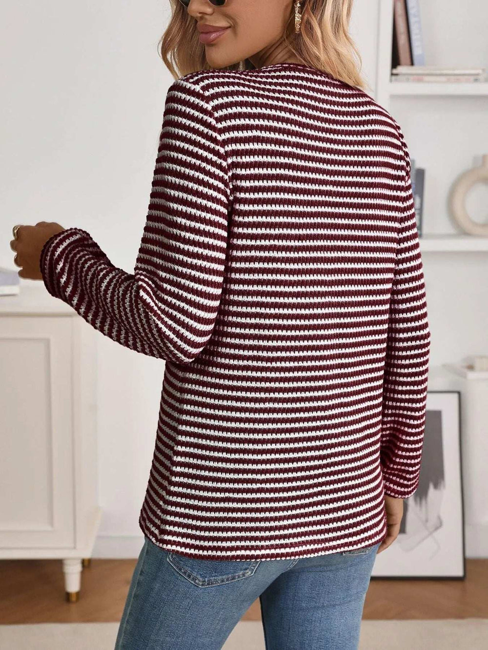 Striped Button Detail Long Sleeve Top - Trendsi - Flyclothing LLC