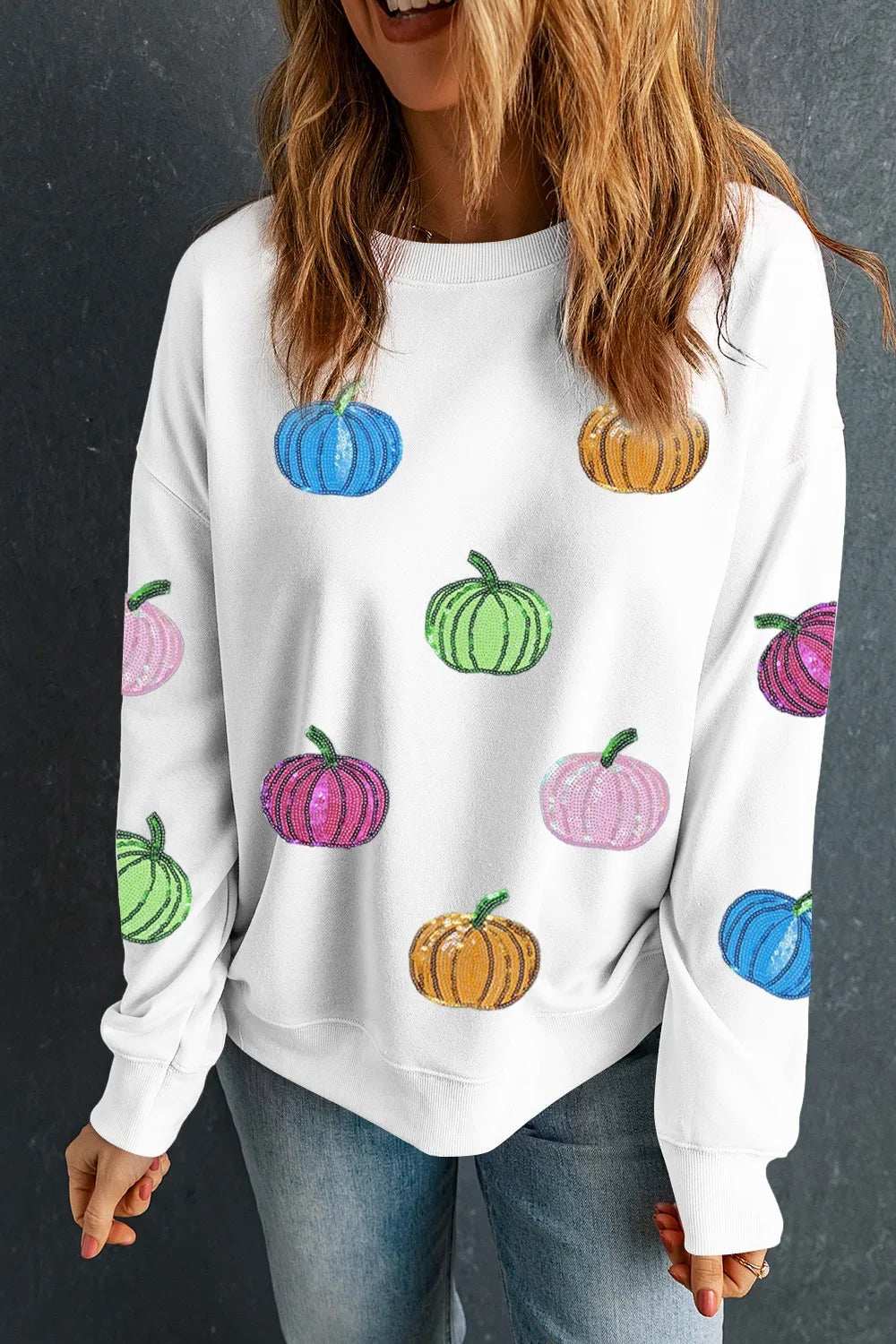 Pumpkin Round Neck Long Sleeve Sweatshirt - Trendsi - Flyclothing LLC