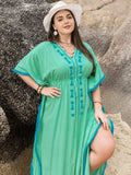 Plus Size Tied Fringe V-Neck Half Sleeve Dress - Trendsi - Flyclothing LLC
