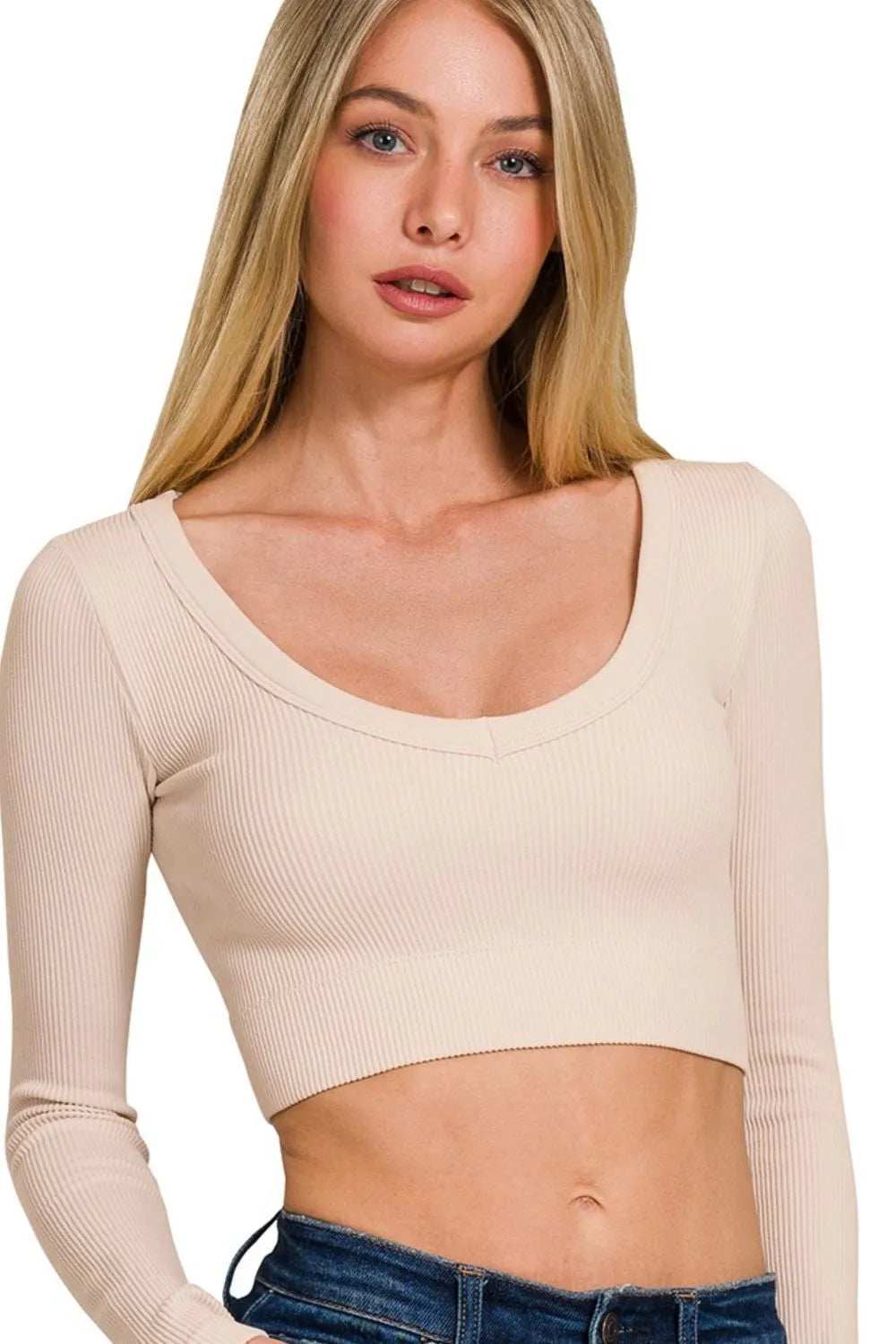Zenana Seamless Fitted Rib V-neck Long Sleeve Crop Top - Trendsi - Flyclothing LLC