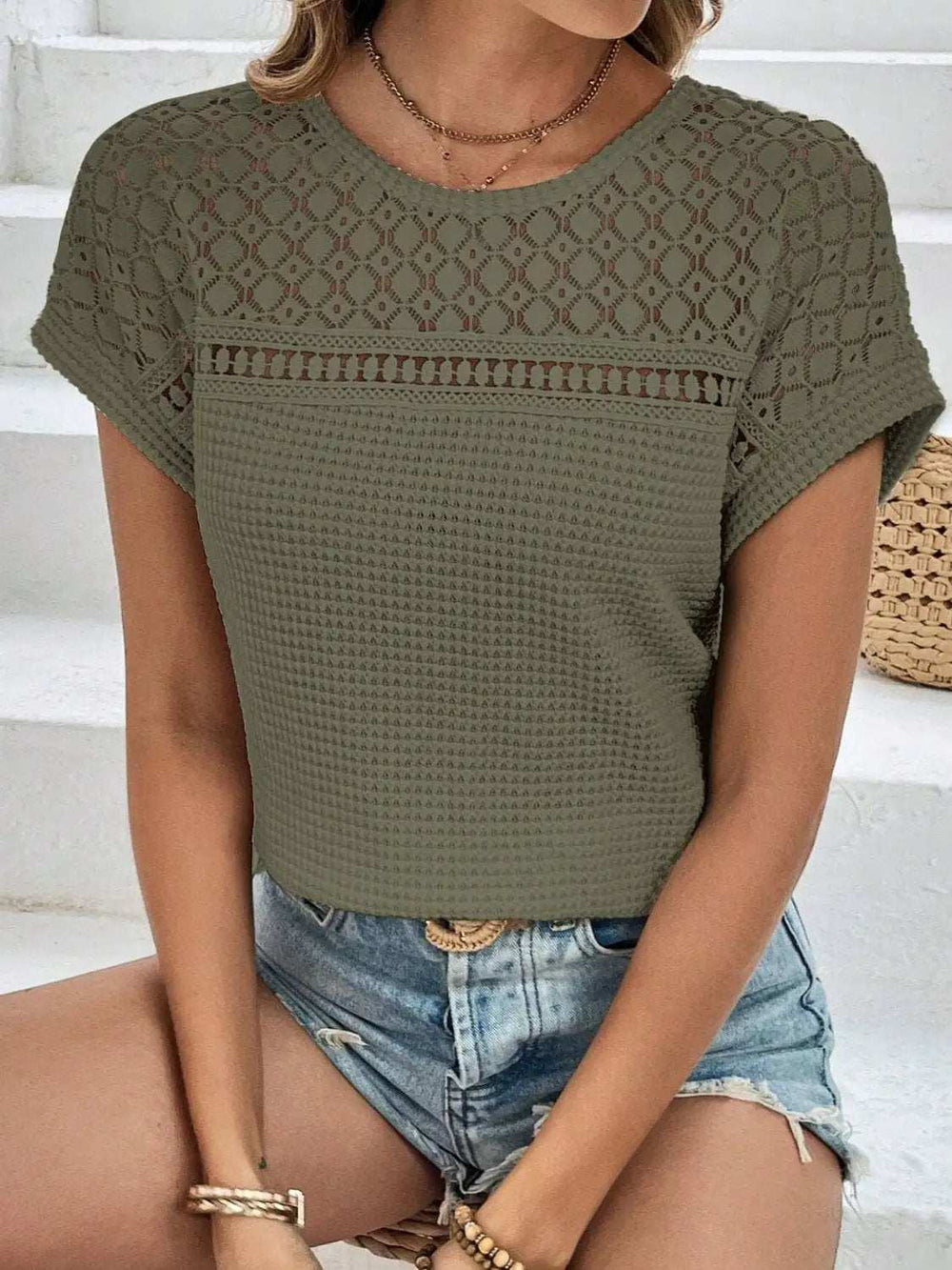Waffle-Knit Round Neck Short Sleeve Top - Trendsi - Flyclothing LLC
