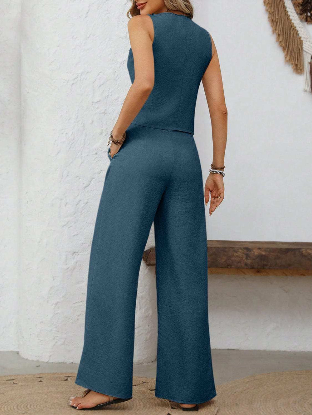 V-Neck Button Down Vest and Wide Leg Pants Set - Trendsi - Flyclothing LLC