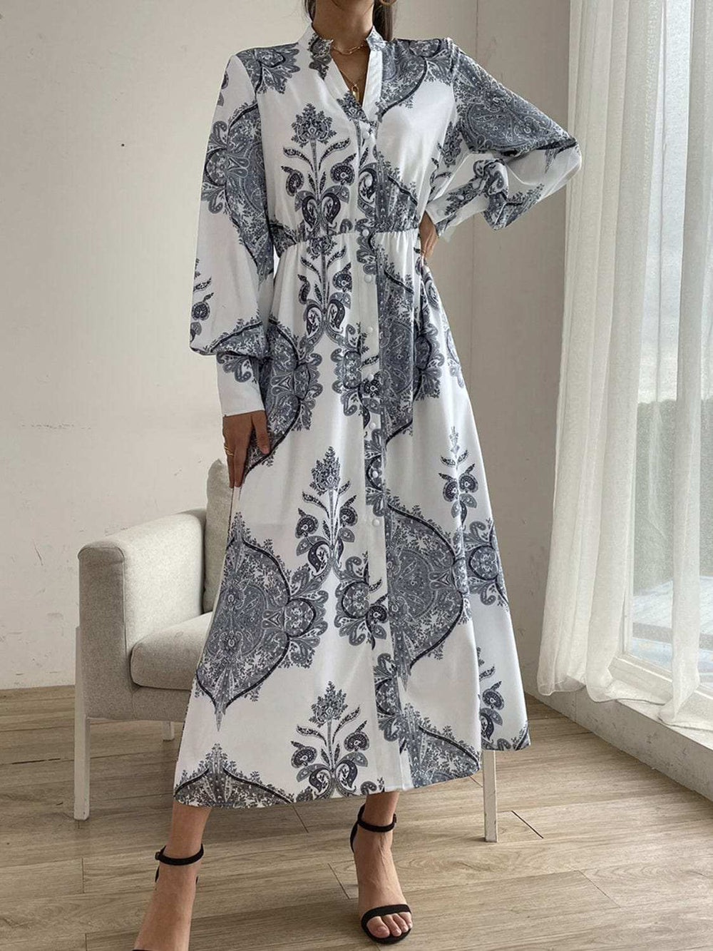 Printed Notched Lantern Sleeve Midi Dress - Trendsi - Flyclothing LLC