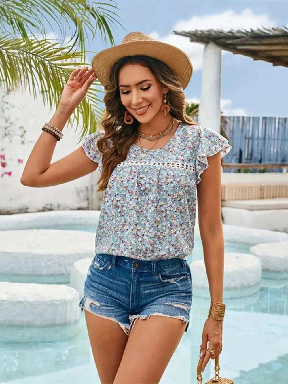 Floral Print Flutter Sleeve Crochet Trim Blouse - Trendsi - Flyclothing LLC