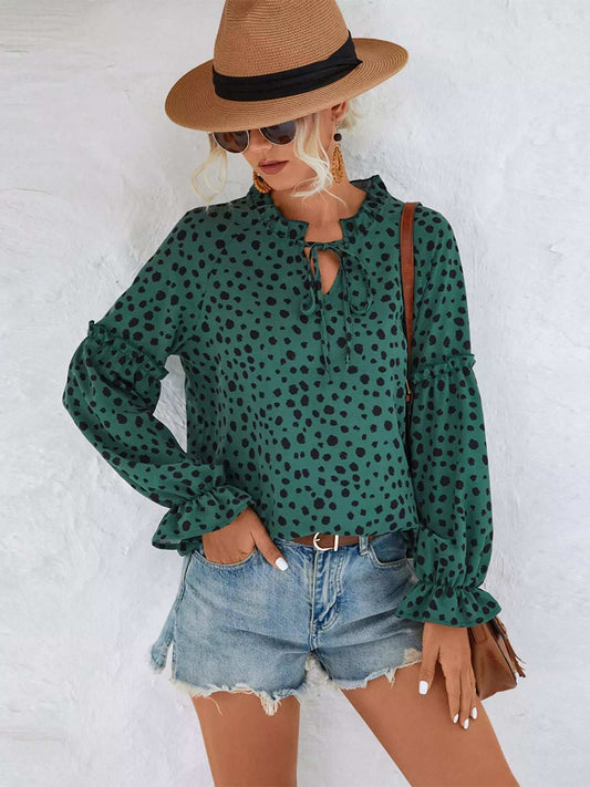 Animal Print Tie Neck Flounce Sleeve Blouse - Trendsi - Flyclothing LLC