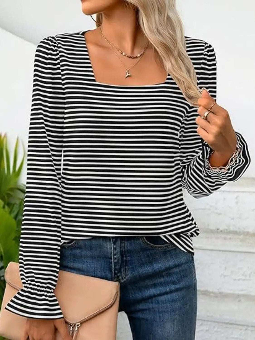 Striped Square Neck Flounce Sleeve Top - Trendsi - Flyclothing LLC