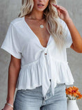 Tied Plunge Short Sleeve Blouse - Trendsi - Flyclothing LLC