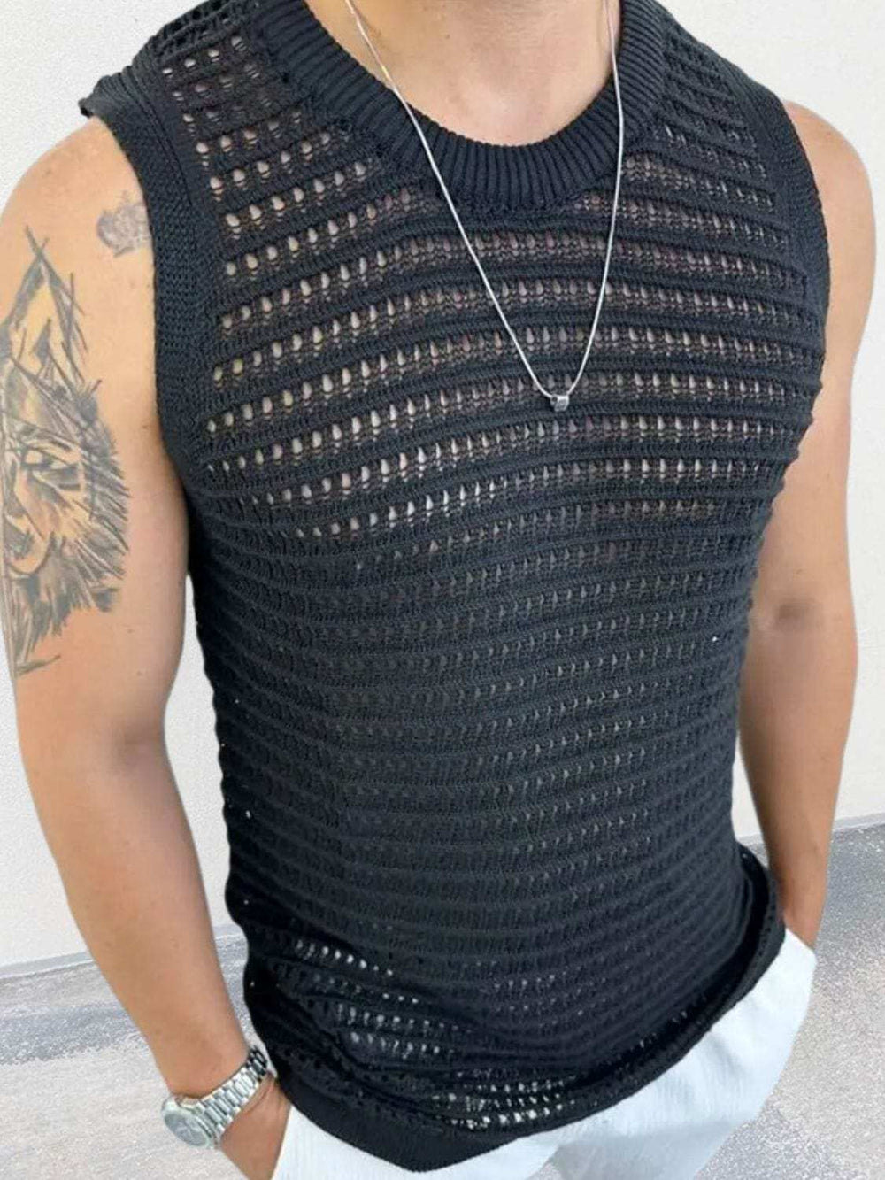 Men's Round Neck Hollow Out Sleeveless Knit Top - Trendsi - Flyclothing LLC
