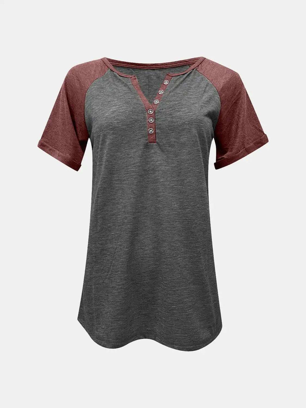 Contrast Notched Short Sleeve T-Shirt - Trendsi - Flyclothing LLC