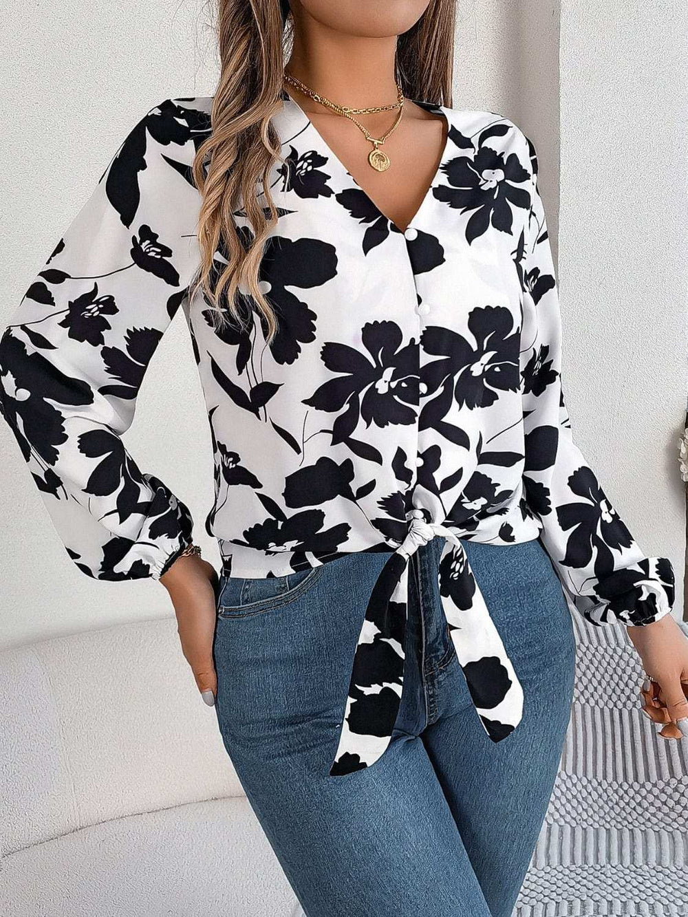 Printed V-Neck Long Sleeve Blouse - Trendsi - Flyclothing LLC