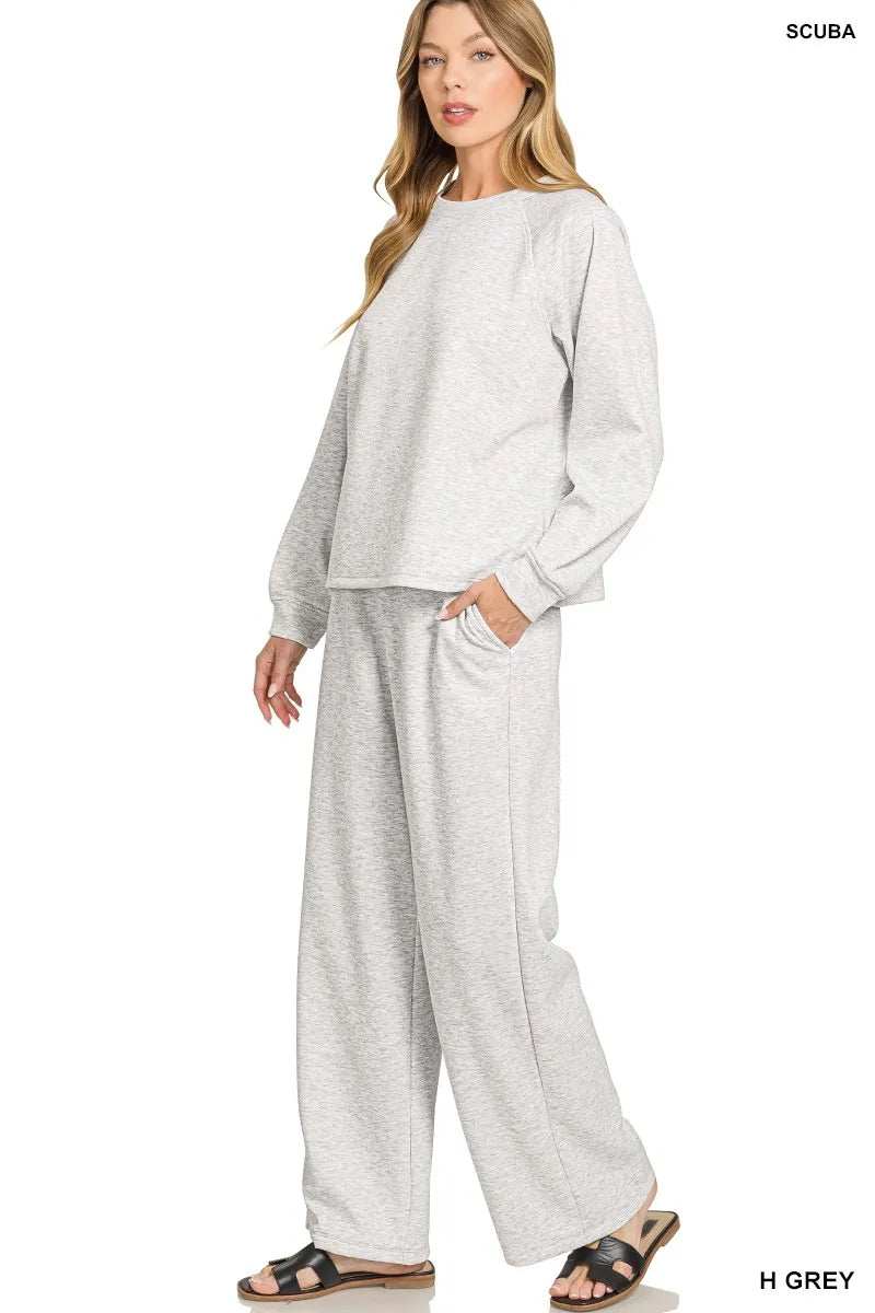 Zenana Scuba Crewneck Sweatshirt and Pants Set - Trendsi - Flyclothing LLC