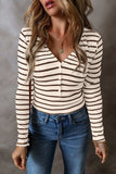 Striped V-Neck Long Sleeve Top - Trendsi - Flyclothing LLC