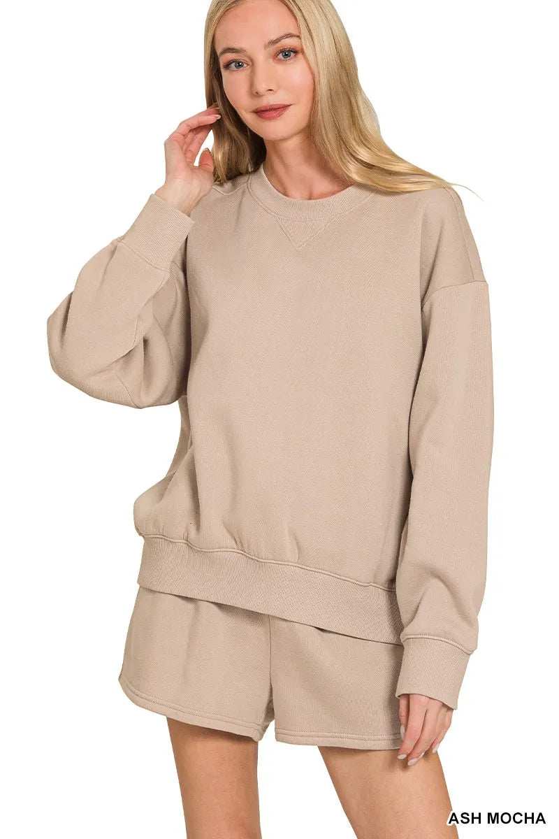 Zenana Fleece Long Sleeve Sweatshirts & Shorts Set - Trendsi - Flyclothing LLC