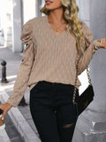 Textured V-Neck Long Sleeve Top - Trendsi - Flyclothing LLC