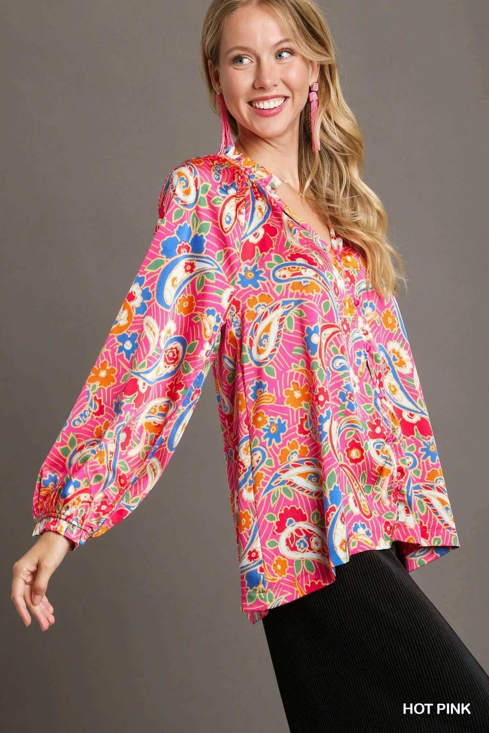 Umgee Full Size Satin Paisley Ruffle Neck Button-Up Shirt Plus Size - Trendsi - Flyclothing LLC