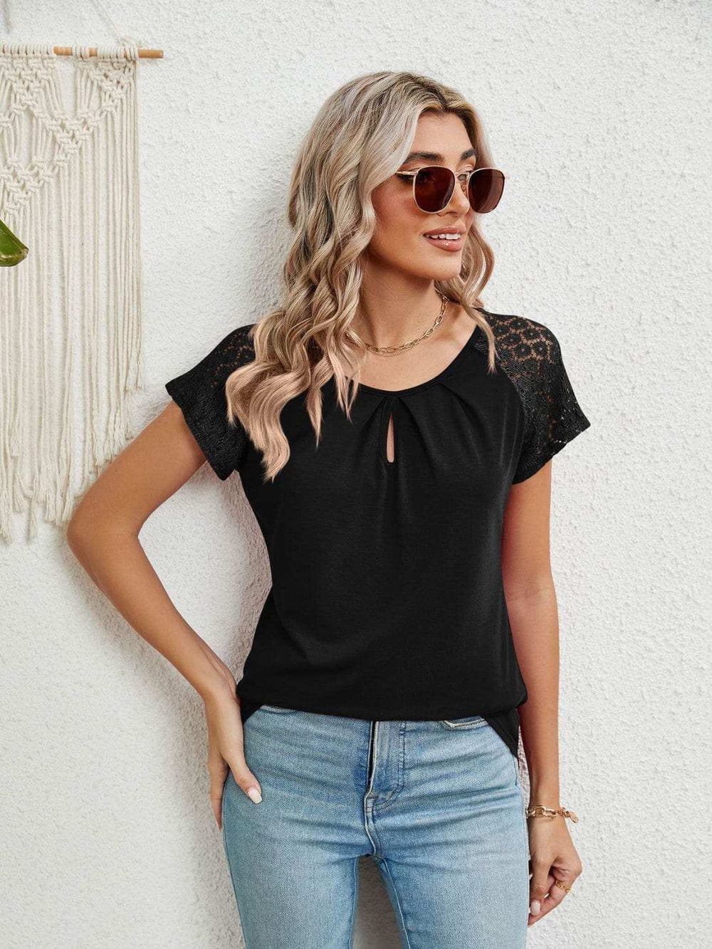 Lace Detail Round Neck Short Sleeve T-Shirt - Trendsi - Flyclothing LLC
