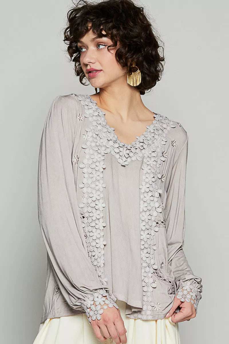 POL Floral Embroidery Woven Top with Lace Trim - Trendsi - Flyclothing LLC