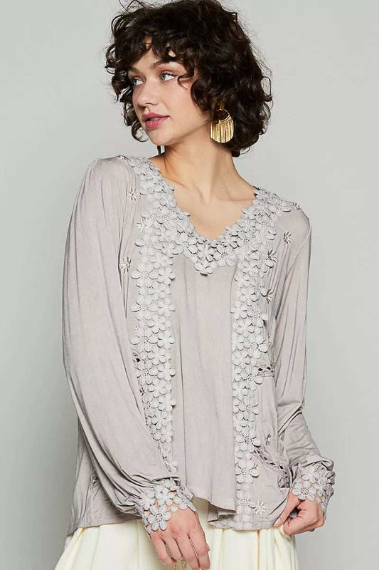 POL Floral Embroidery Woven Top with Lace Trim - Trendsi - Flyclothing LLC