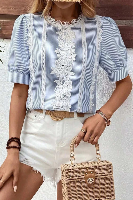 Lace Detail Striped Round Neck Half Sleeve Blouse - Trendsi - Flyclothing LLC