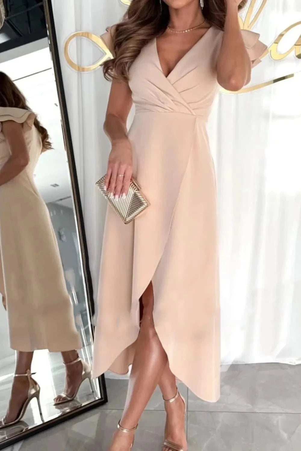 Surplice Ruffled Cap Sleeve Zip Back Dress - Trendsi - Flyclothing LLC