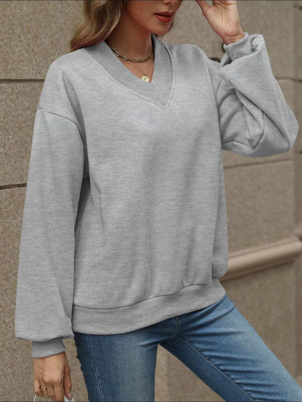 V-Neck Long Sleeve Dropped Shoulder Sweatshirt - Trendsi - Flyclothing LLC