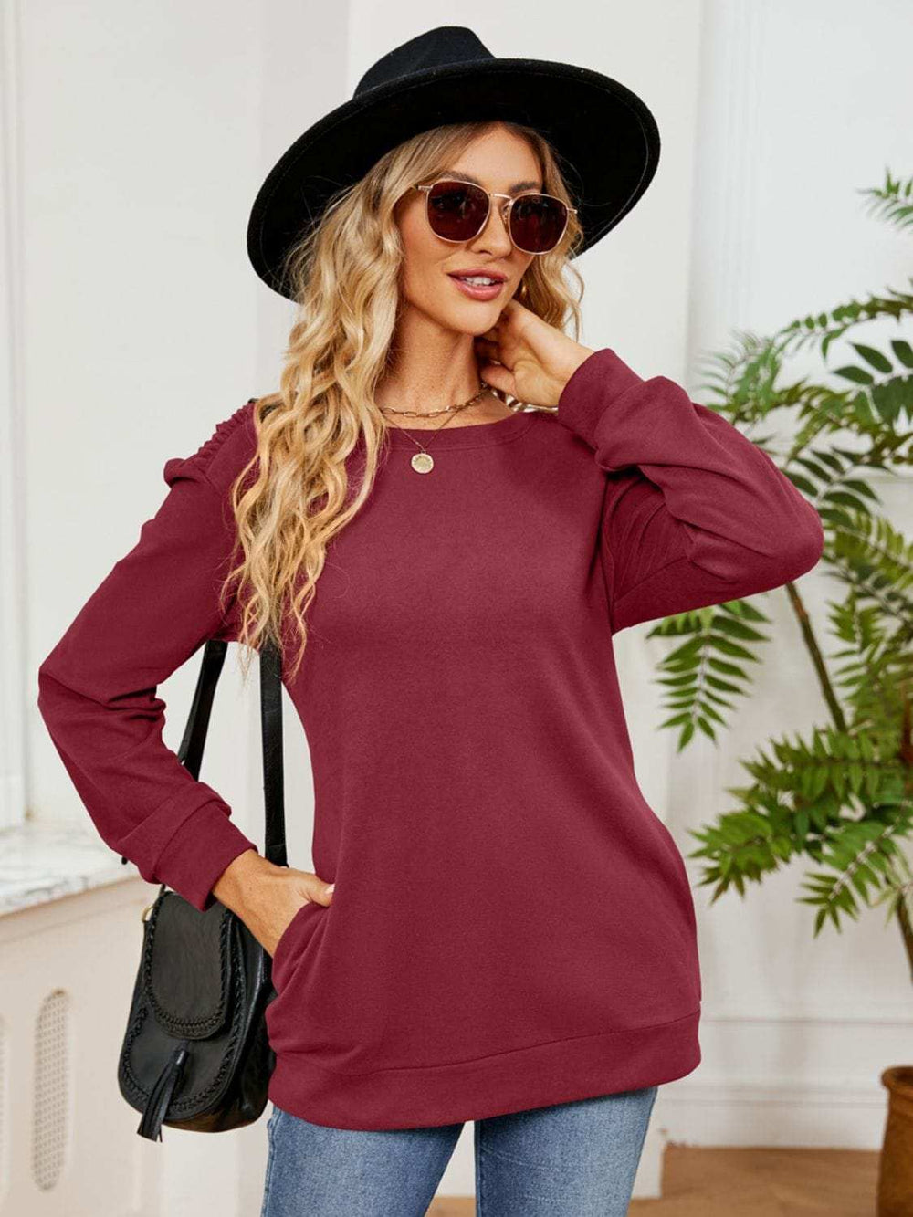 Ruched Shoulder Round Neck Long Sleeve Sweatshirt - Trendsi - Flyclothing LLC