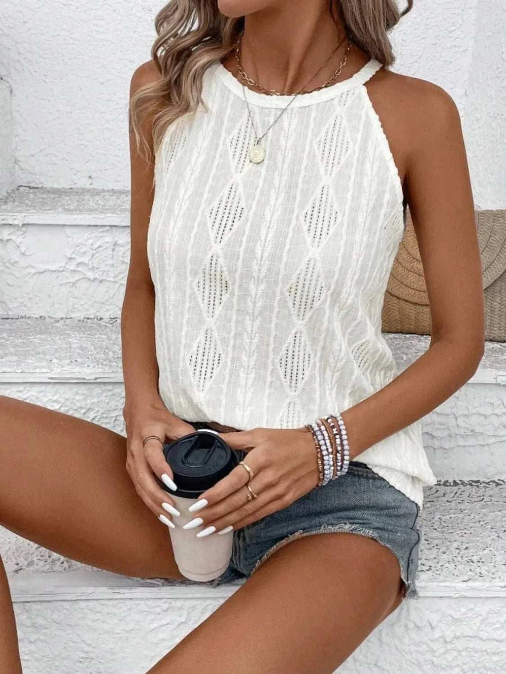 Openwork Grecian Neck Tank - Trendsi - Flyclothing LLC