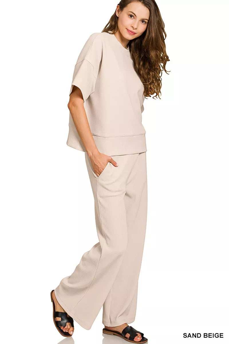 Zenana Ribbed Round Neck Tee & Pants Set - Trendsi - Flyclothing LLC